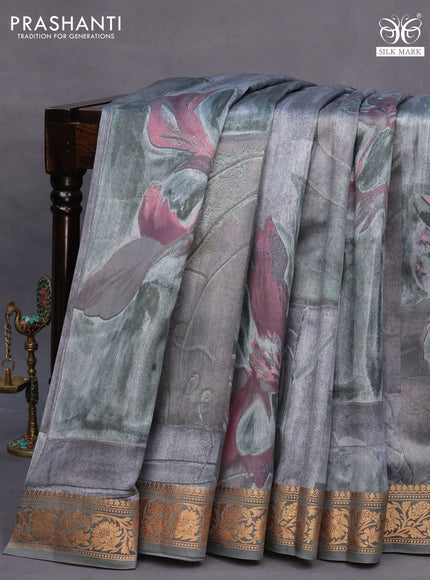 Chiniya silk saree grey with allover floral digital prints and zari woven border