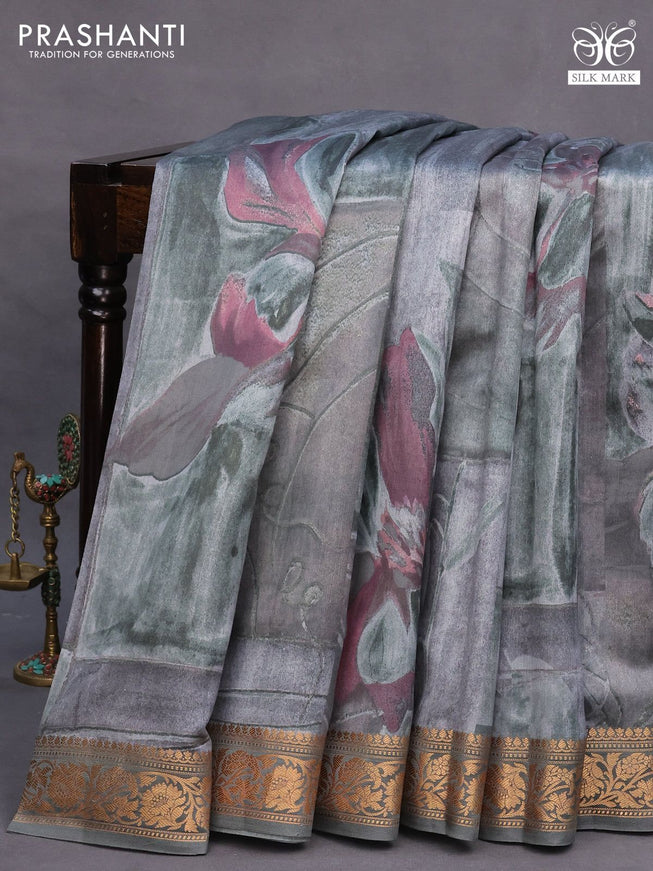 Chiniya silk saree grey with allover floral digital prints and zari woven border