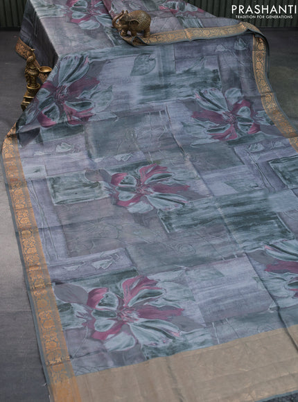 Chiniya silk saree grey with allover floral digital prints and zari woven border