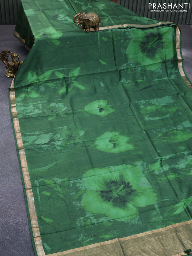 Chiniya silk saree green with allover digital prints and zari woven border