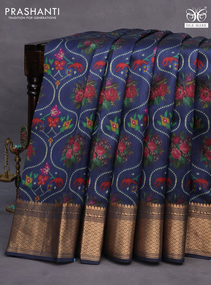 Chiniya silk saree dark peacock blue with allover floral digital prints and zari woven border