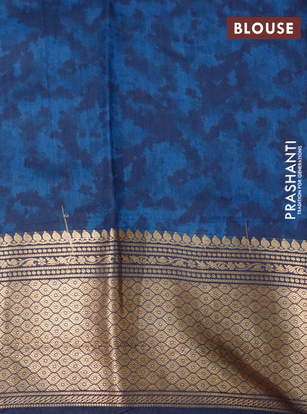 Chiniya silk saree dark peacock blue with allover floral digital prints and zari woven border