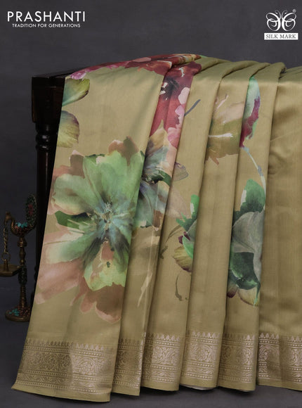 Chiniya silk saree pista green with allover floral digital prints and zari woven border