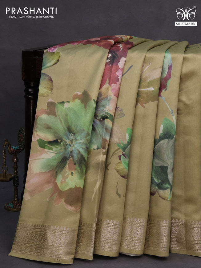 Chiniya silk saree pista green with allover floral digital prints and zari woven border