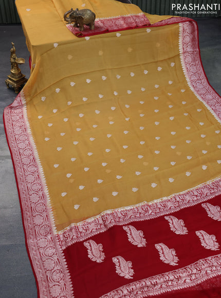 Banarasi chiffon silk saree mustard shade and red with silver zari woven buttas and silver zari woven border