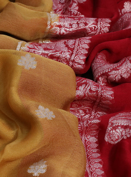 Banarasi chiffon silk saree mustard shade and red with silver zari woven buttas and silver zari woven border