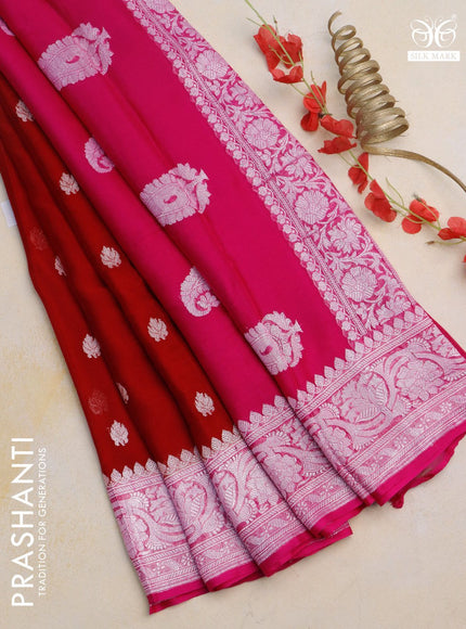 Banarasi chiffon silk saree red and pink with silver zari woven buttas and silver zari woven border