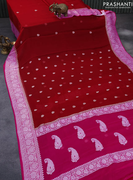 Banarasi chiffon silk saree red and pink with silver zari woven buttas and silver zari woven border