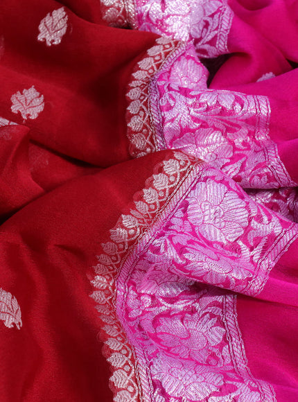 Banarasi chiffon silk saree red and pink with silver zari woven buttas and silver zari woven border