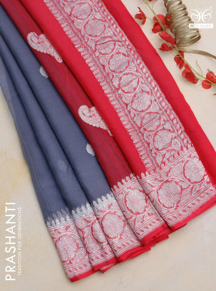 Banarasi chiffon silk saree grey and pink with silver zari woven buttas and silver zari woven border