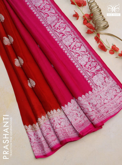 Banarasi chiffon silk saree red and pink with silver zari woven buttas and silver zari woven border