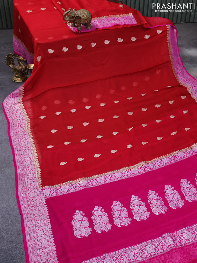 Banarasi chiffon silk saree red and pink with silver zari woven buttas and silver zari woven border