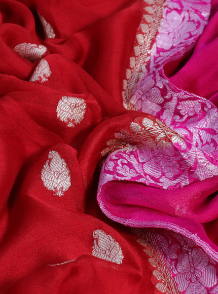 Banarasi chiffon silk saree red and pink with silver zari woven buttas and silver zari woven border