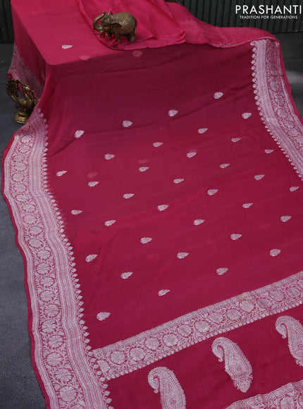 Banarasi chiffon silk saree pink shade with silver zari woven buttas and silver zari woven border