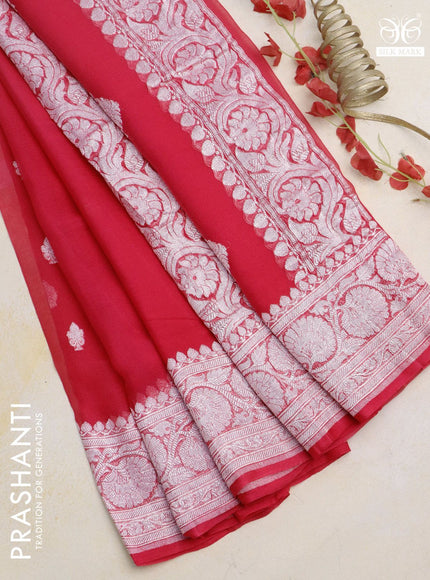 Banarasi chiffon silk saree pink with silver zari woven buttas and silver zari woven border