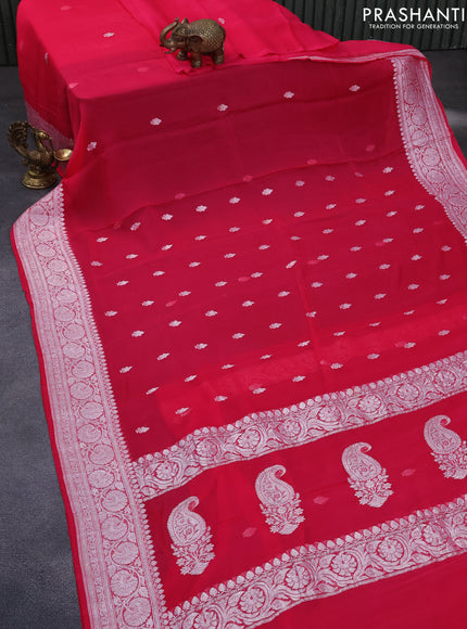 Banarasi chiffon silk saree pink with silver zari woven buttas and silver zari woven border