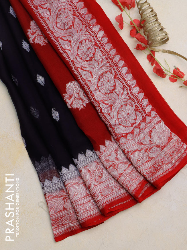 Banarasi chiffon silk saree black and red with silver zari woven buttas and silver zari woven border