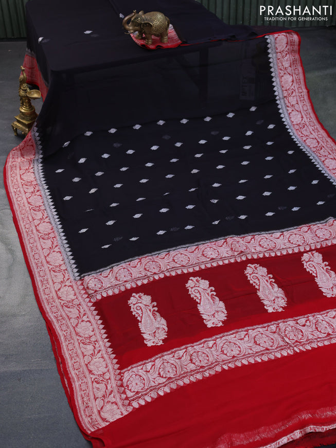 Banarasi chiffon silk saree black and red with silver zari woven buttas and silver zari woven border