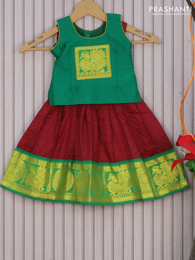 Mangalagiri cotton kids lehenga green and deep maroon with patch work neck pattern and allover self emboss & zari woven border