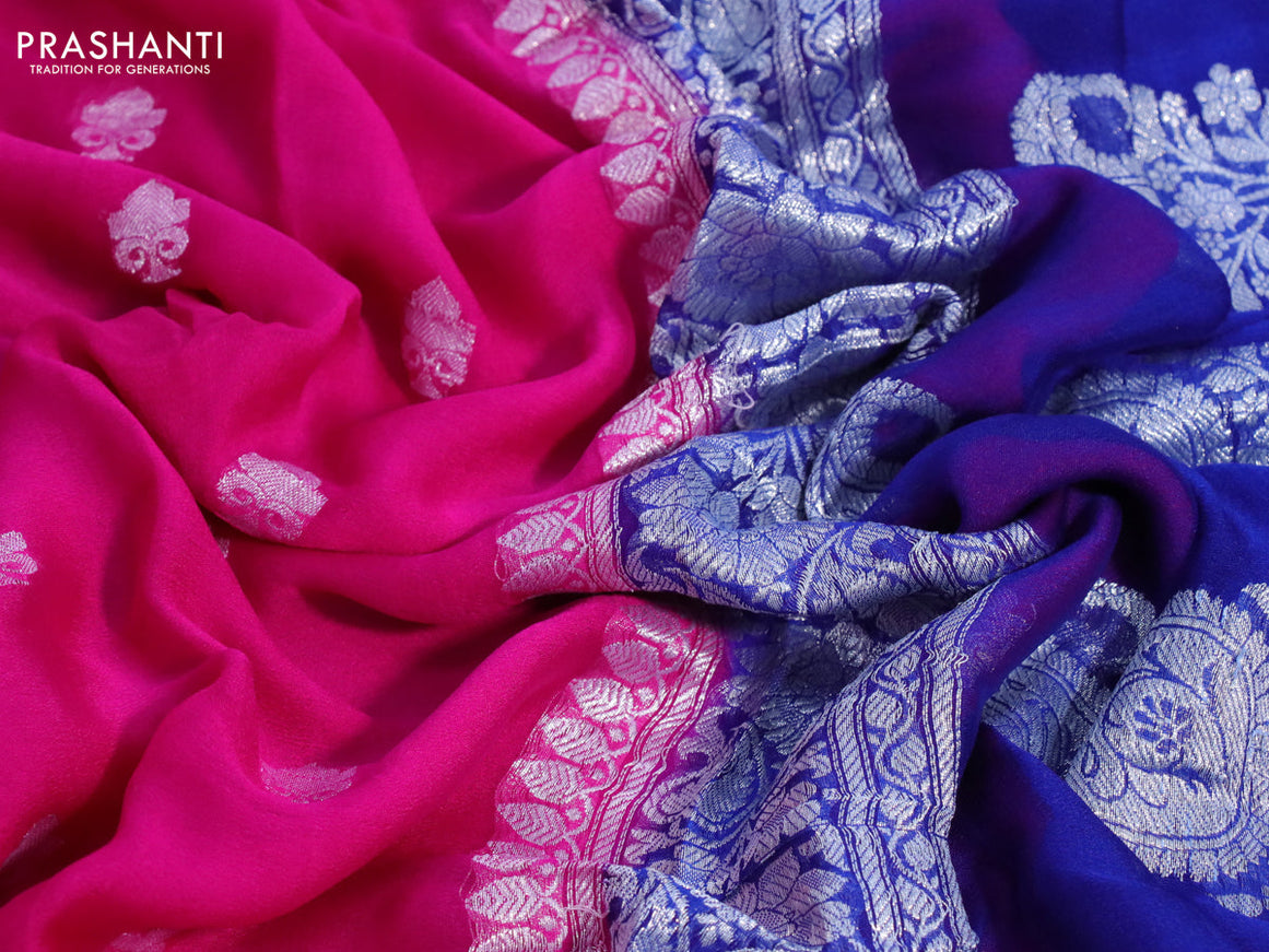 Banarasi chiffon silk saree pink and blue with silver zari woven buttas and silver zari woven border