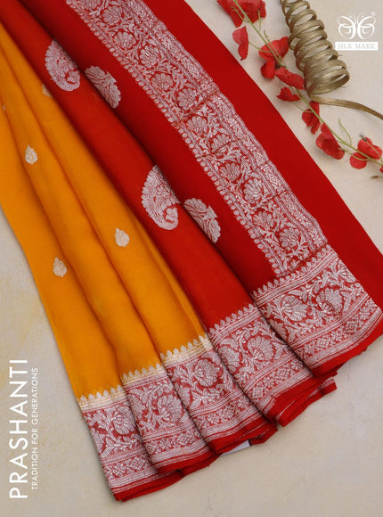 Banarasi chiffon silk saree mango yellow and red with silver zari woven buttas and silver zari woven border