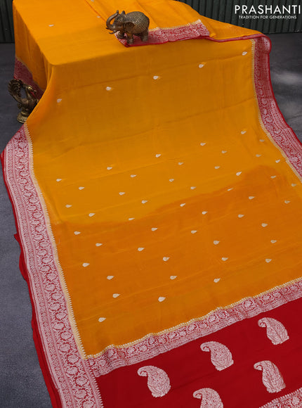 Banarasi chiffon silk saree mango yellow and red with silver zari woven buttas and silver zari woven border