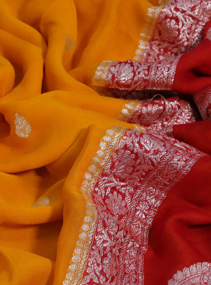 Banarasi chiffon silk saree mango yellow and red with silver zari woven buttas and silver zari woven border