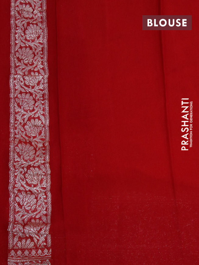 Banarasi chiffon silk saree mango yellow and red with silver zari woven buttas and silver zari woven border