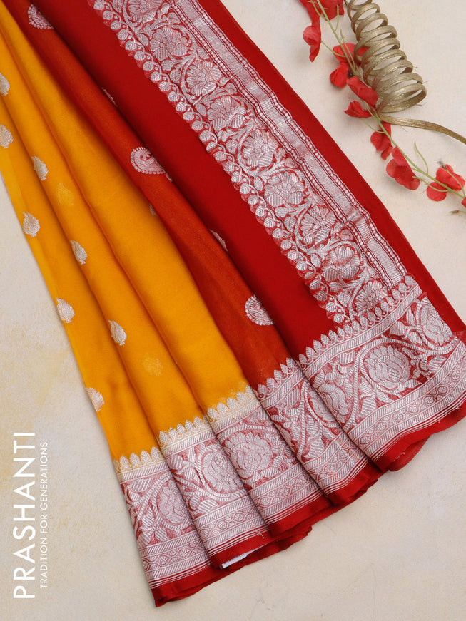 Banarasi chiffon silk saree mango yellow and red with silver zari woven buttas and silver zari woven border