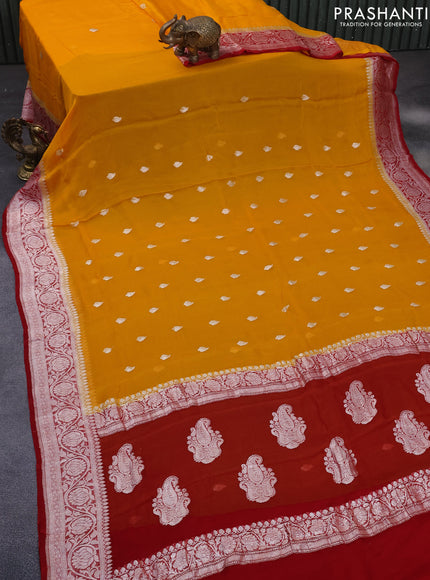 Banarasi chiffon silk saree mango yellow and red with silver zari woven buttas and silver zari woven border