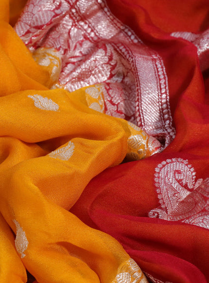 Banarasi chiffon silk saree mango yellow and red with silver zari woven buttas and silver zari woven border