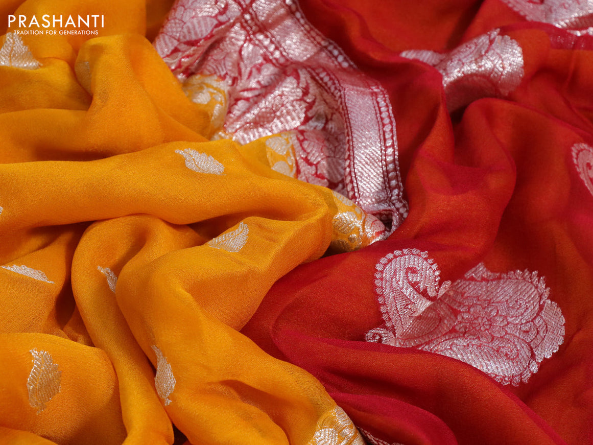 Banarasi chiffon silk saree mango yellow and red with silver zari woven buttas and silver zari woven border