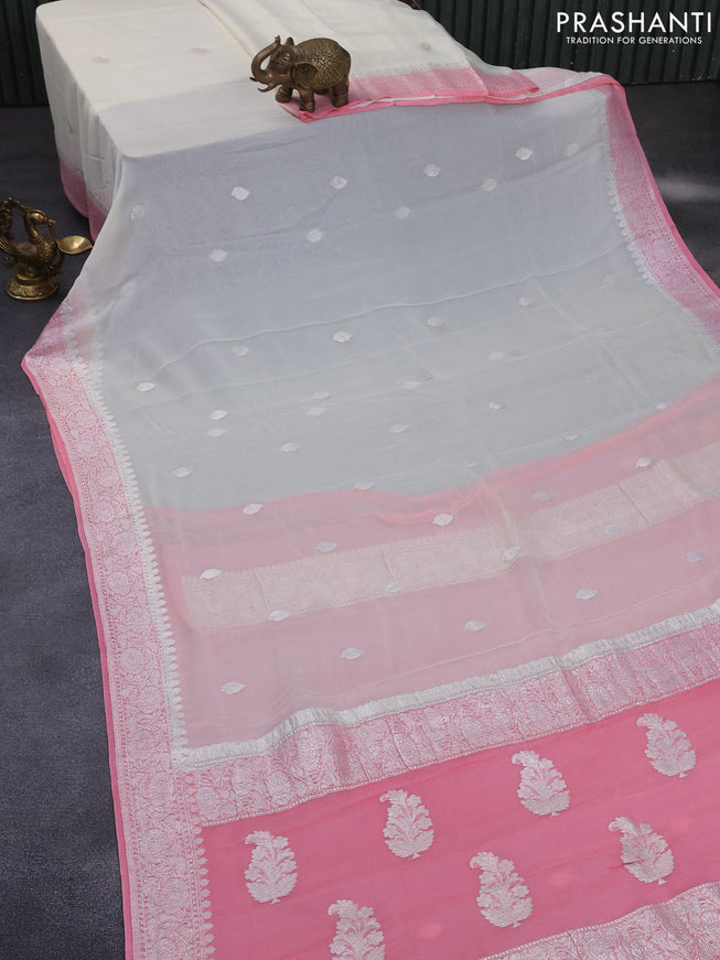 Banarasi chiffon silk saree cream and peach pink with silver zari woven buttas and silver zari woven border