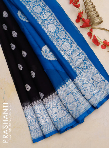 Banarasi chiffon silk saree black and cs blue with silver zari woven buttas and silver zari woven border