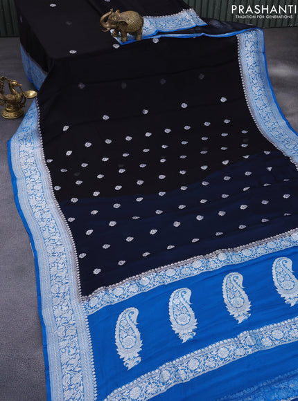 Banarasi chiffon silk saree black and cs blue with silver zari woven buttas and silver zari woven border