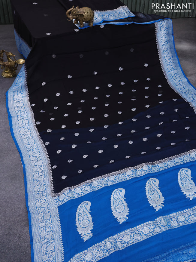 Banarasi chiffon silk saree black and cs blue with silver zari woven buttas and silver zari woven border