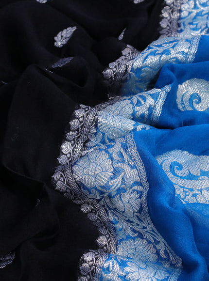 Banarasi chiffon silk saree black and cs blue with silver zari woven buttas and silver zari woven border