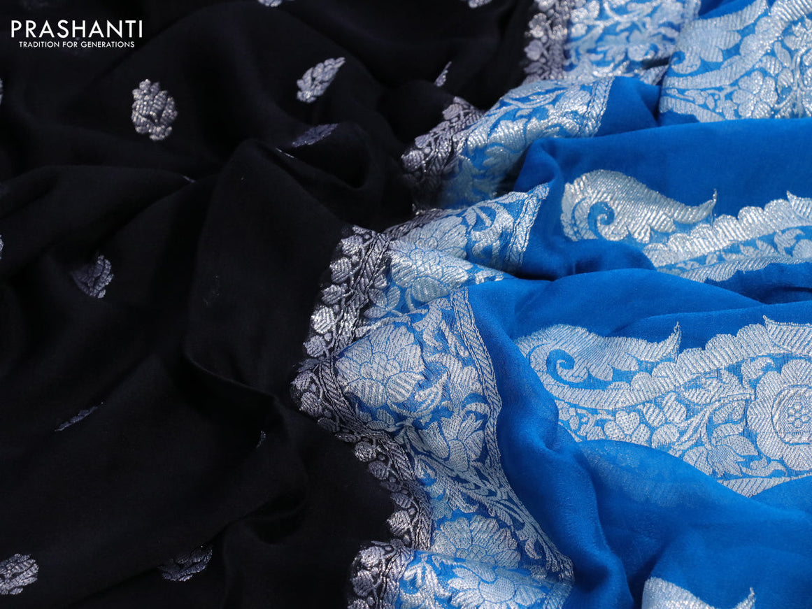 Banarasi chiffon silk saree black and cs blue with silver zari woven buttas and silver zari woven border