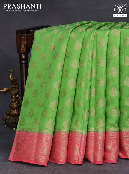 Chiniya silk saree light green and pink with allover zari woven buttas and zari woven border