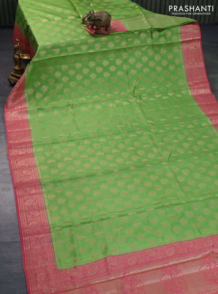 Chiniya silk saree light green and pink with allover zari woven buttas and zari woven border