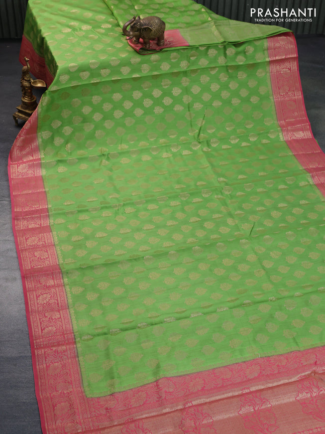 Chiniya silk saree light green and pink with allover zari woven buttas and zari woven border