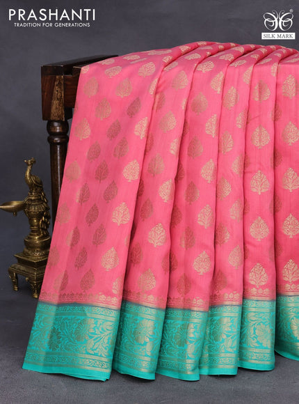 Chiniya silk saree pink shade and teal green with allover zari woven buttas and zari woven border