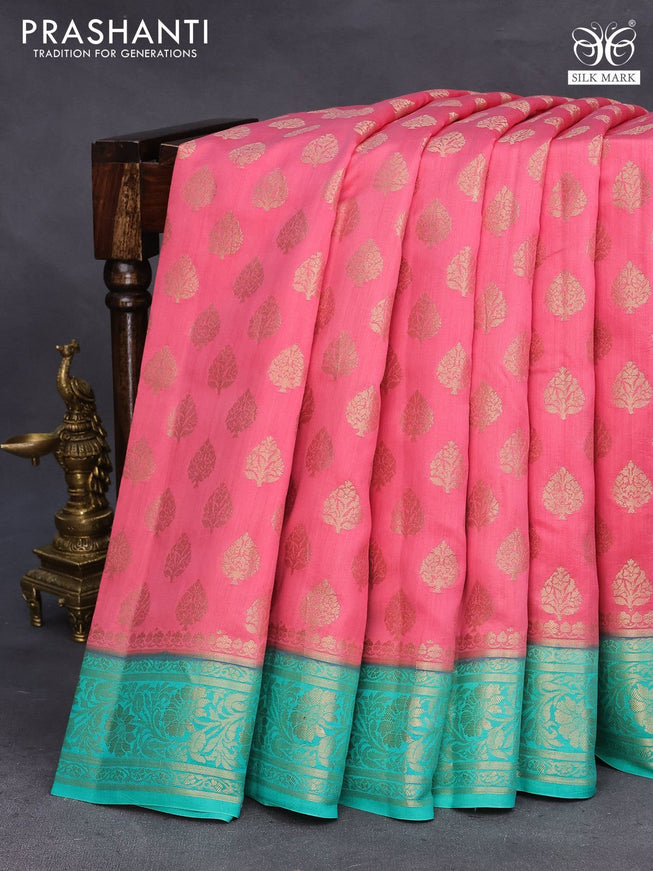 Chiniya silk saree pink shade and teal green with allover zari woven buttas and zari woven border