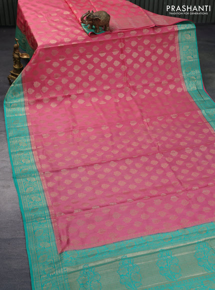 Chiniya silk saree pink shade and teal green with allover zari woven buttas and zari woven border