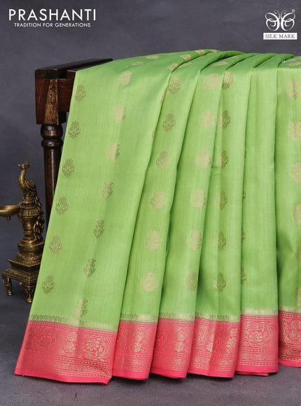 Chiniya silk saree light green and pink with allover zari woven buttas and zari woven border