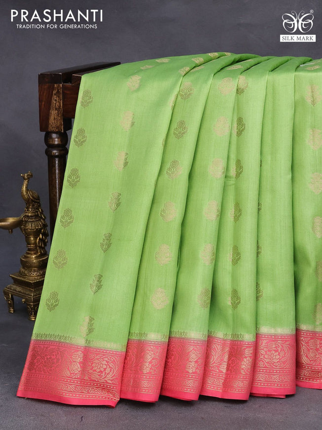 Chiniya silk saree light green and pink with allover zari woven buttas and zari woven border