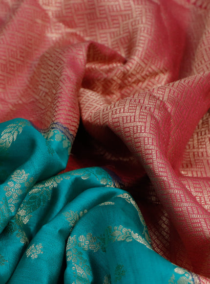 Chiniya silk saree teal green and pink with allover zari weaves and long zari woven border