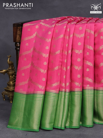 Chiniya silk saree pink and green with allover zari weaves and long zari woven border