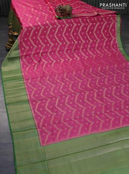 Chiniya silk saree pink and green with allover zari weaves and long zari woven border