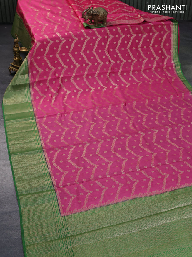 Chiniya silk saree pink and green with allover zari weaves and long zari woven border